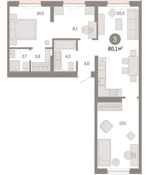 3-к квартира, вторичка, 80м2, 8/17 этаж