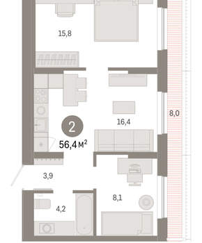 2-к квартира, вторичка, 56м2, 7/17 этаж