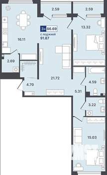 3-к квартира, строящийся дом, 87м2, 2/8 этаж