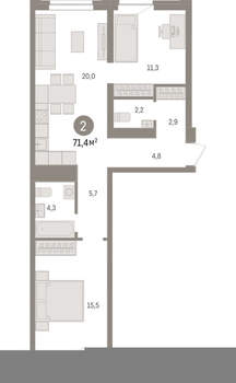 2-к квартира, вторичка, 71м2, 6/10 этаж