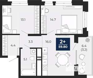 2-к квартира, сданный дом, 63м2, 17/18 этаж
