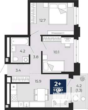 2-к квартира, вторичка, 51м2, 14/16 этаж
