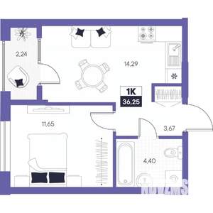 1-к квартира, строящийся дом, 36м2, 6/24 этаж