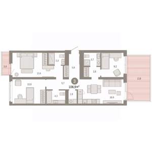 3-к квартира, вторичка, 107м2, 2/7 этаж