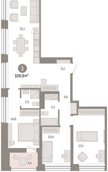 3-к квартира, вторичка, 101м2, 6/8 этаж