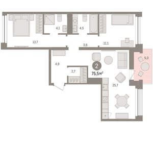 2-к квартира, вторичка, 75м2, 7/8 этаж