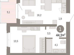 1-к квартира, вторичка, 44м2, 7/11 этаж