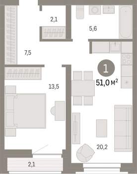 1-к квартира, вторичка, 51м2, 5/10 этаж