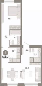 1-к квартира, вторичка, 61м2, 2/7 этаж