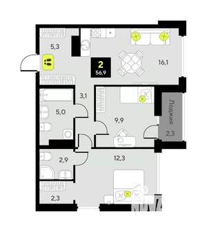 2-к квартира, вторичка, 57м2, 7/7 этаж