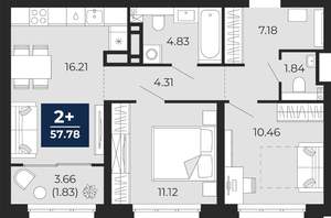 2-к квартира, вторичка, 56м2, 7/22 этаж