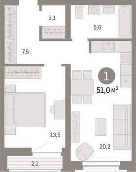 1-к квартира, вторичка, 51м2, 5/10 этаж