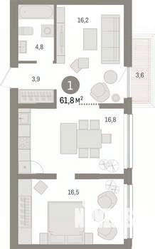 1-к квартира, вторичка, 62м2, 5/9 этаж