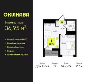 1-к квартира, вторичка, 37м2, 14/19 этаж