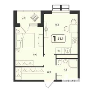 1-к квартира, строящийся дом, 35м2, 15/25 этаж