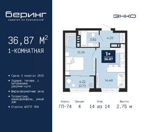 1-к квартира, вторичка, 37м2, 14/14 этаж