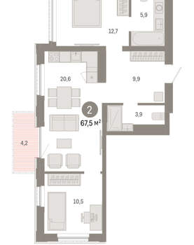 2-к квартира, вторичка, 68м2, 20/25 этаж