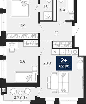 2-к квартира, сданный дом, 65м2, 3/16 этаж