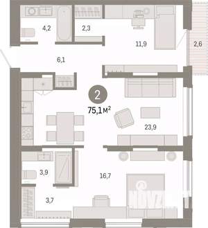 2-к квартира, вторичка, 75м2, 12/17 этаж