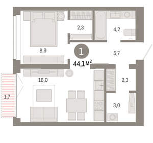 1-к квартира, вторичка, 44м2, 3/16 этаж