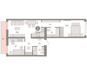 2-к квартира, вторичка, 71м2, 6/25 этаж