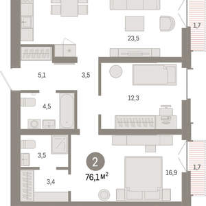 2-к квартира, вторичка, 76м2, 6/16 этаж
