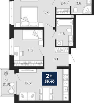 2-к квартира, сданный дом, 62м2, 14/16 этаж
