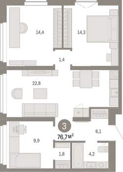 3-к квартира, вторичка, 77м2, 6/16 этаж