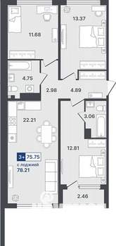 3-к квартира, строящийся дом, 76м2, 7/8 этаж