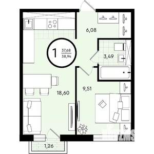 1-к квартира, строящийся дом, 39м2, 2/4 этаж