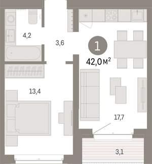 1-к квартира, вторичка, 42м2, 3/11 этаж