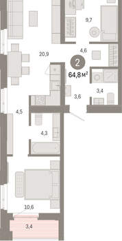 2-к квартира, вторичка, 65м2, 5/25 этаж