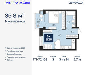 1-к квартира, вторичка, 36м2, 3/16 этаж