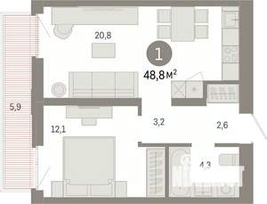 1-к квартира, вторичка, 49м2, 7/9 этаж