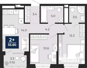 2-к квартира, вторичка, 56м2, 3/16 этаж