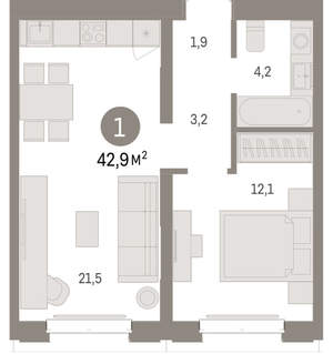 1-к квартира, вторичка, 43м2, 2/16 этаж