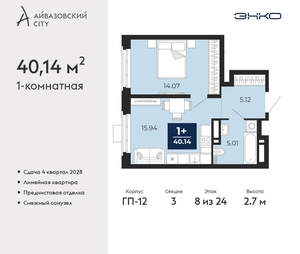 1-к квартира, вторичка, 40м2, 8/24 этаж