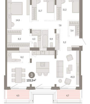 3-к квартира, вторичка, 133м2, 7/11 этаж