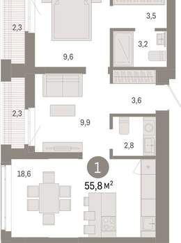1-к квартира, вторичка, 56м2, 12/25 этаж