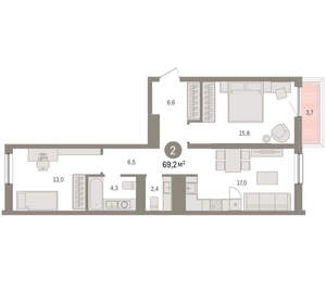 2-к квартира, вторичка, 69м2, 6/9 этаж