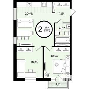 2-к квартира, вторичка, 53м2, 3/4 этаж