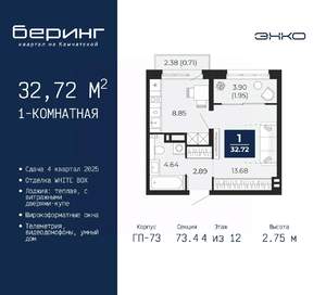 1-к квартира, вторичка, 33м2, 4/22 этаж