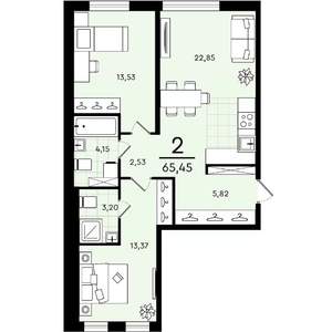 2-к квартира, строящийся дом, 65м2, 1/4 этаж