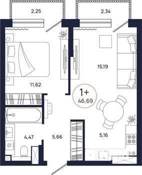 1-к квартира, вторичка, 47м2, 7/17 этаж