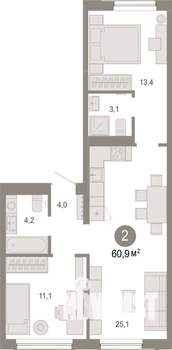 2-к квартира, вторичка, 61м2, 2/7 этаж