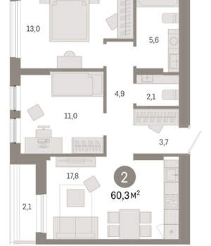 2-к квартира, сданный дом, 60м2, 9/17 этаж
