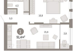 1-к квартира, вторичка, 51м2, 16/17 этаж
