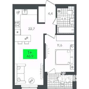 1-к квартира, строящийся дом, 47м2, 14/15 этаж