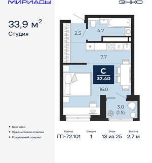 Студия квартира, сданный дом, 34м2, 13/24 этаж