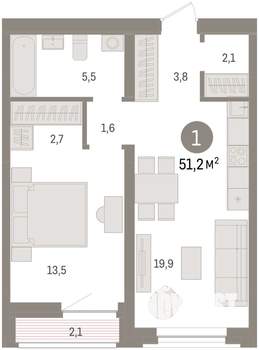 1-к квартира, вторичка, 51м2, 3/7 этаж